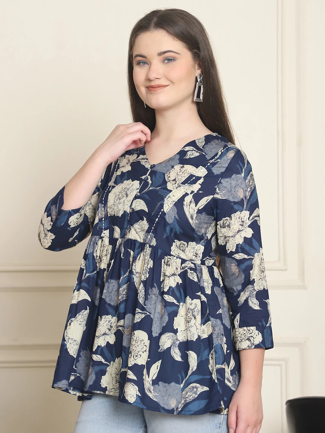 Frempy Women Navy Blue Floral Pure Cotton Tops