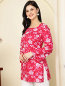 Pink Floral Printed  A-Line Pure Cotton Short Kurti