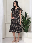 Frempy Women Fit and Flare Coffee Brown Floral Printed Midi Dress