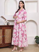 Frempy Women Fit and Flare Pink Floral Printed Maxi/Full Length Dress