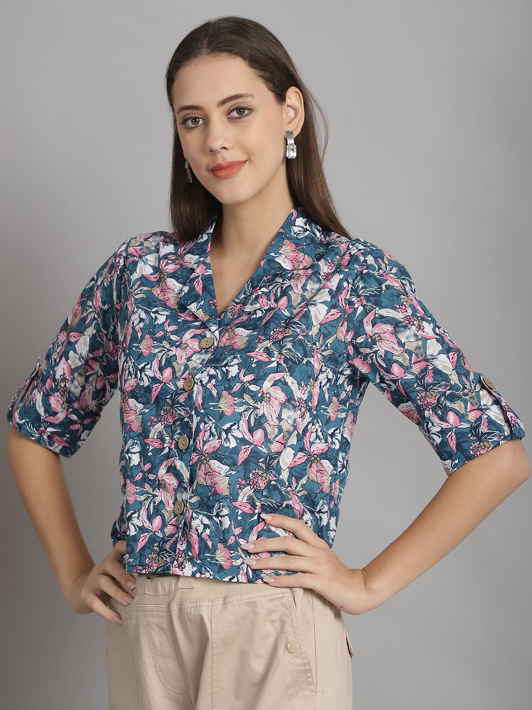 Blue Floral Printed Floral Pure Cotton Top
