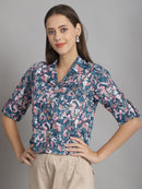 Blue Floral Printed Floral Pure Cotton Top