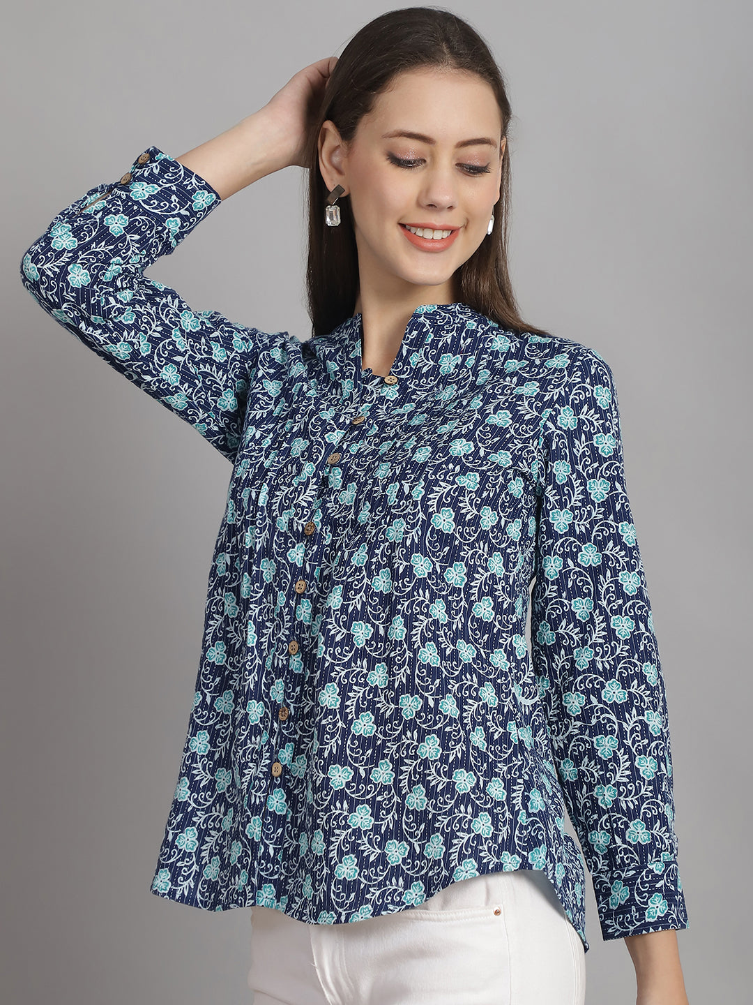 Navy Blue Floral Printed Pure Cotton Top