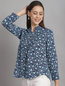 Navy Blue Floral Printed Pure Cotton Top