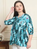 Frempy Women Teal Printed Pure Cotton Top
