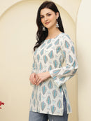 Ivory Blue Ethnic Motifs Printed Lace-Up Back Pure Cotton Short Kurti