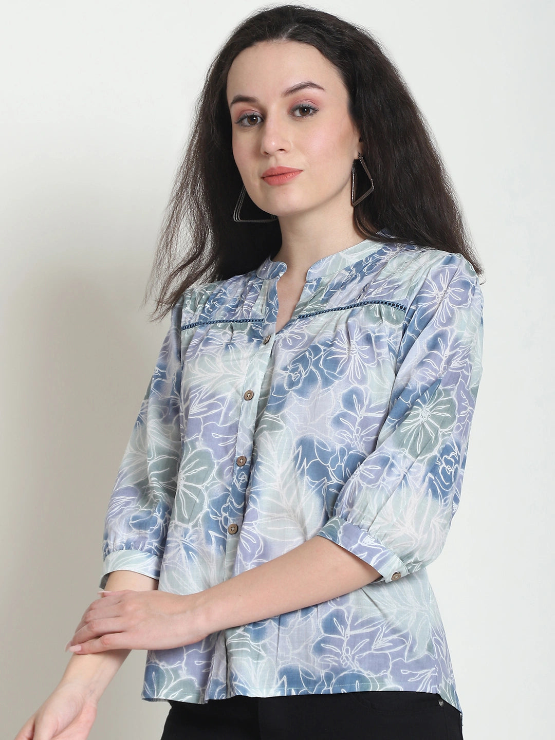 Frempy Women Blue Floral Printed Pure Cotton Top