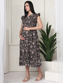 Frempy Women Black Floral Printed Knee Length Dress