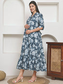 Frempy Women Fit and Flare Soft Blue Floral Printed Maxi/Full Length Dress