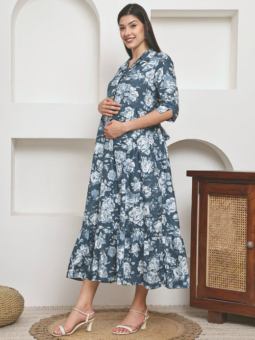 Frempy Women Fit and Flare Soft Blue Floral Printed Maxi/Full Length Dress