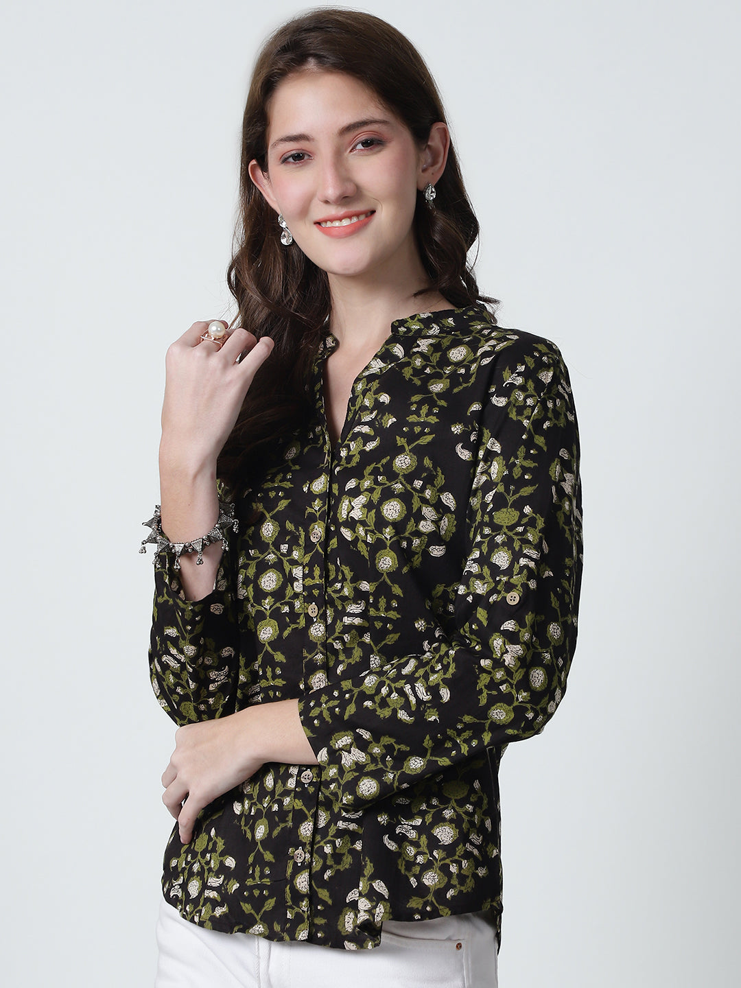 Brown Floral Printed Mandarin Collar Pure Cotton Top