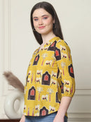 Frempy Women Mustard Yellow Printed Pure Cotton Top