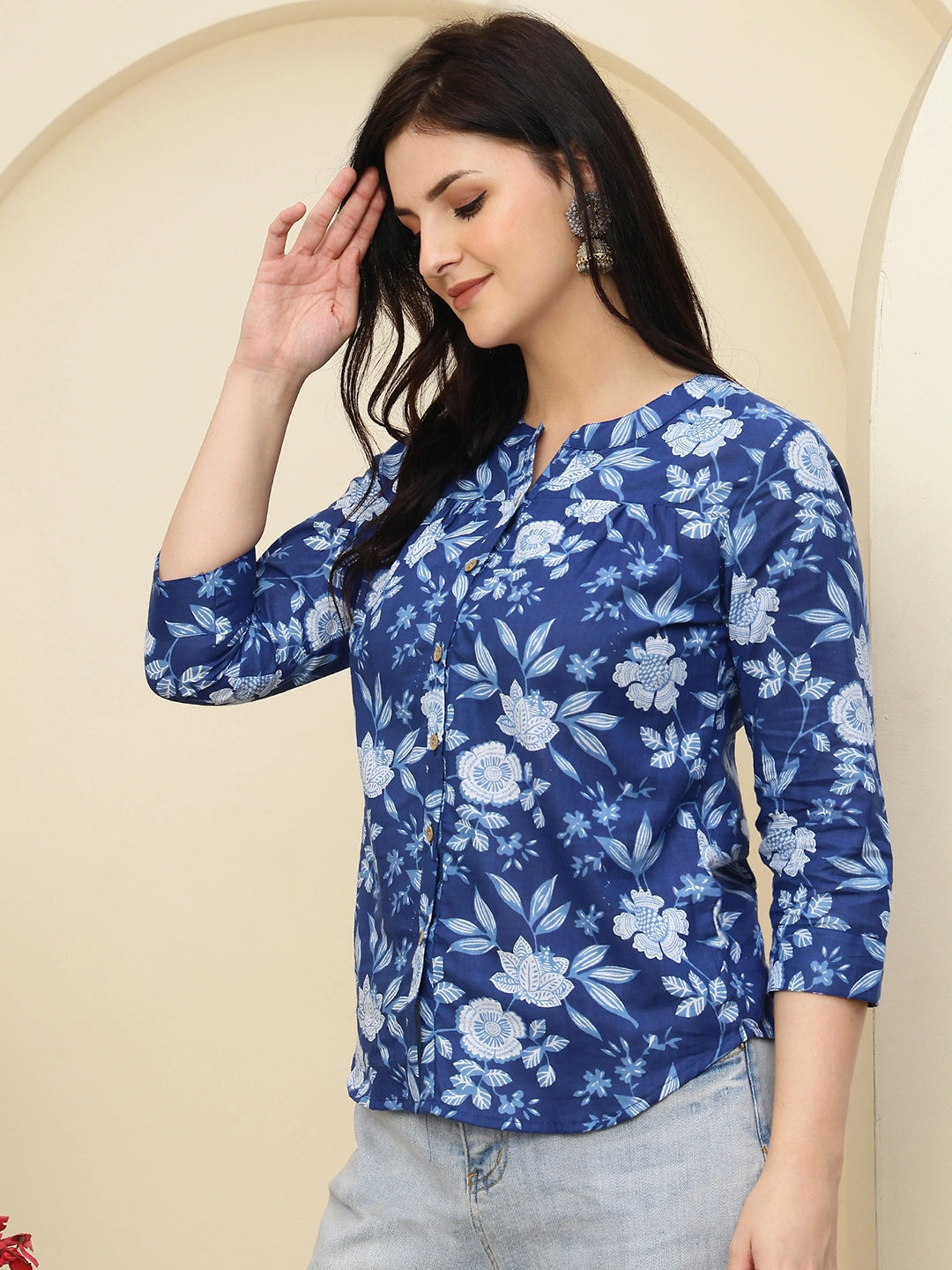 Navy Blue Floral Buttoned Mandarin Collar Cotton Top