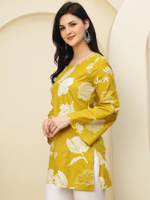 Mustard Floral Bell Sleeve Pure Cotton Short Kurti