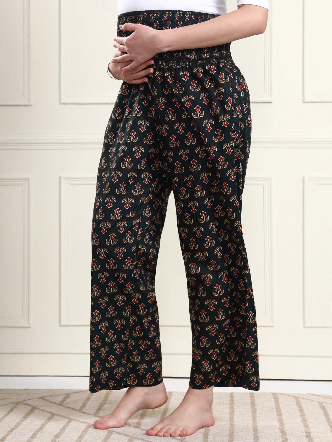 Frempy Bottle Green Floral Motif Pure Cotton Maternity Trousers