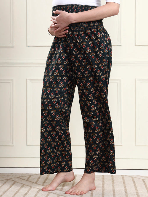 Frempy Bottle Green Floral Motif Pure Cotton Maternity Trousers