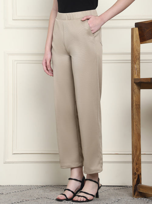 Frempy Women's High-Rise Relaxed Straight Leg Formal Trousers - Beige