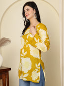 Mustard Yellow Floral Print Lace-Up Pure Cotton Kurti