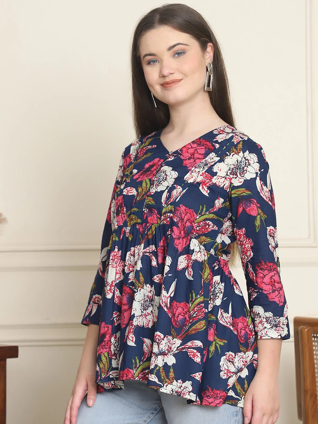 Frempy Women Navy & Pink Floral Pure Cotton Tops