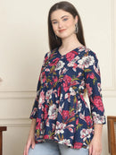Frempy Women Navy & Pink Floral Pure Cotton Tops