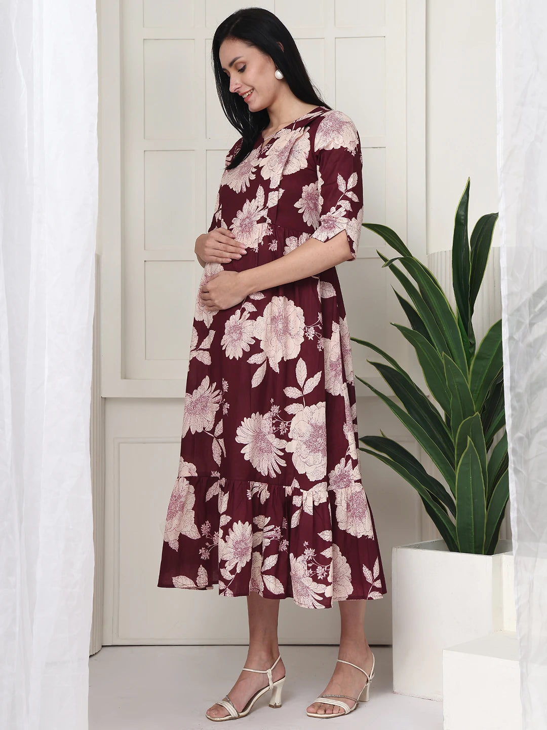 Frempy Women Maroon Floral Printed  Maternity Dress