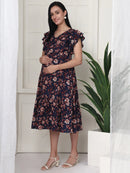Frempy Women Fit and Flare Navy & Brown Floral Printed Midi Dress