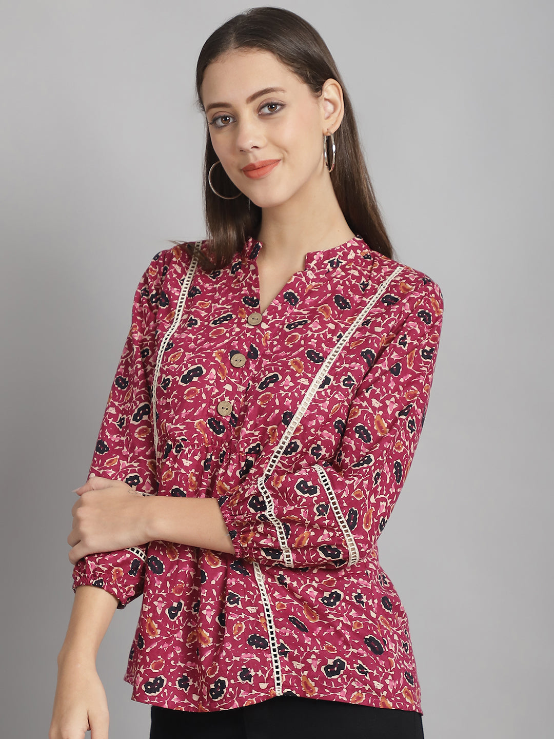 Burgundy Floral Printed Floral Pure Cotton Top