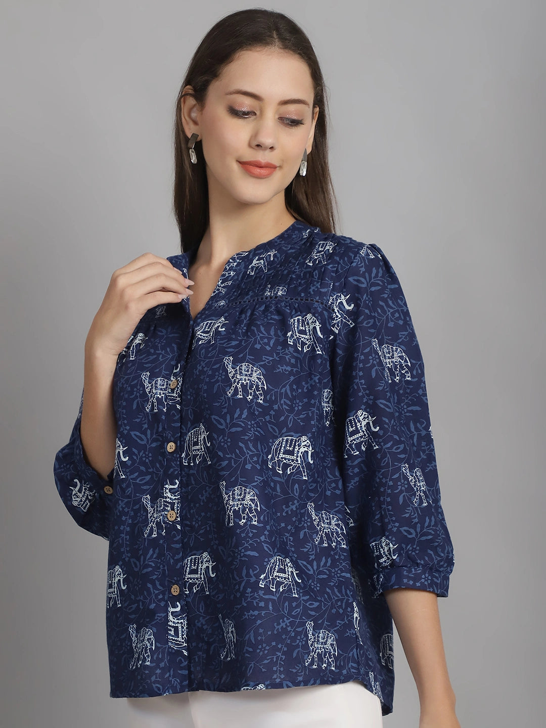 Frempy Women Navy Blue Animal Printed Pure Cotton Top