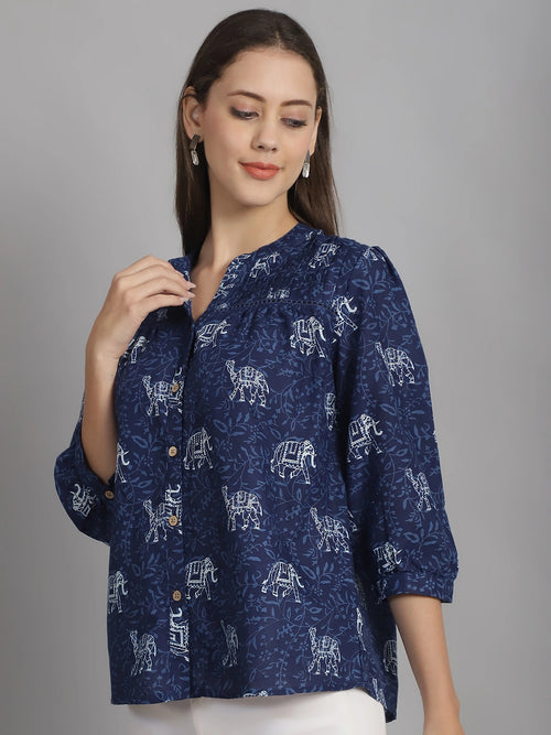 Frempy Women Navy Blue Animal Printed Pure Cotton Top