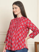 Frempy Women Red Floral Printed Pure Cotton Top