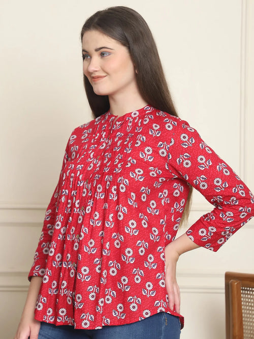 Frempy Women Red Floral Printed Pure Cotton Top