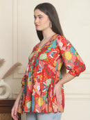 Frempy Women Red Printed Pure Cotton Top