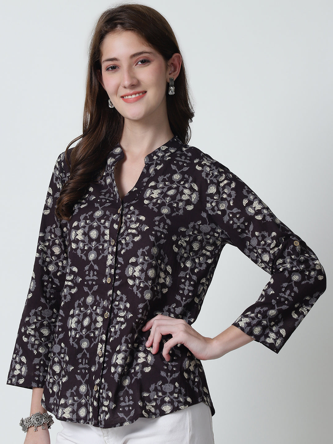 Coffee Brown Floral Printed Mandarin Collar Pure Cotton Top