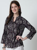 Coffee Brown Floral Printed Mandarin Collar Pure Cotton Top