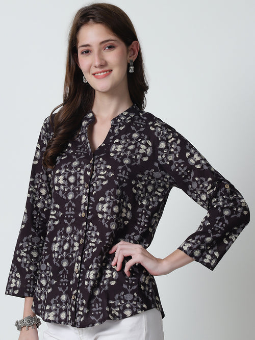 Coffee Brown Floral Printed Mandarin Collar Pure Cotton Top