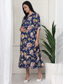 Frempy Women Navy Blue Floral Printed  Maternity Dress
