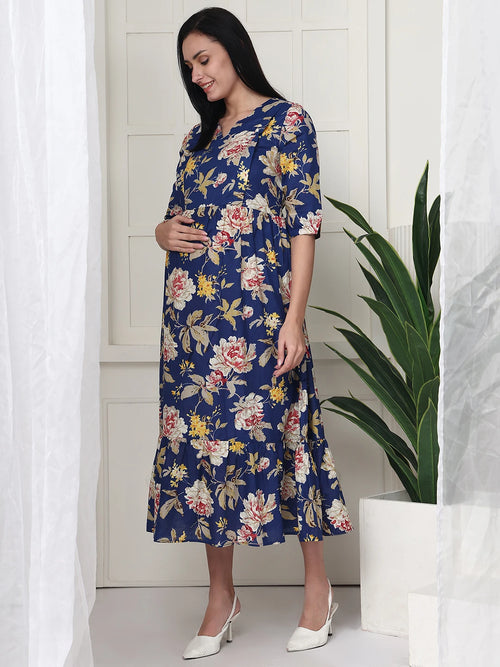 Frempy Women Navy Blue Floral Printed  Maternity Dress