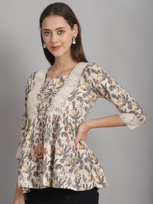 Off White Floral Printed Floral Pure Cotton Top