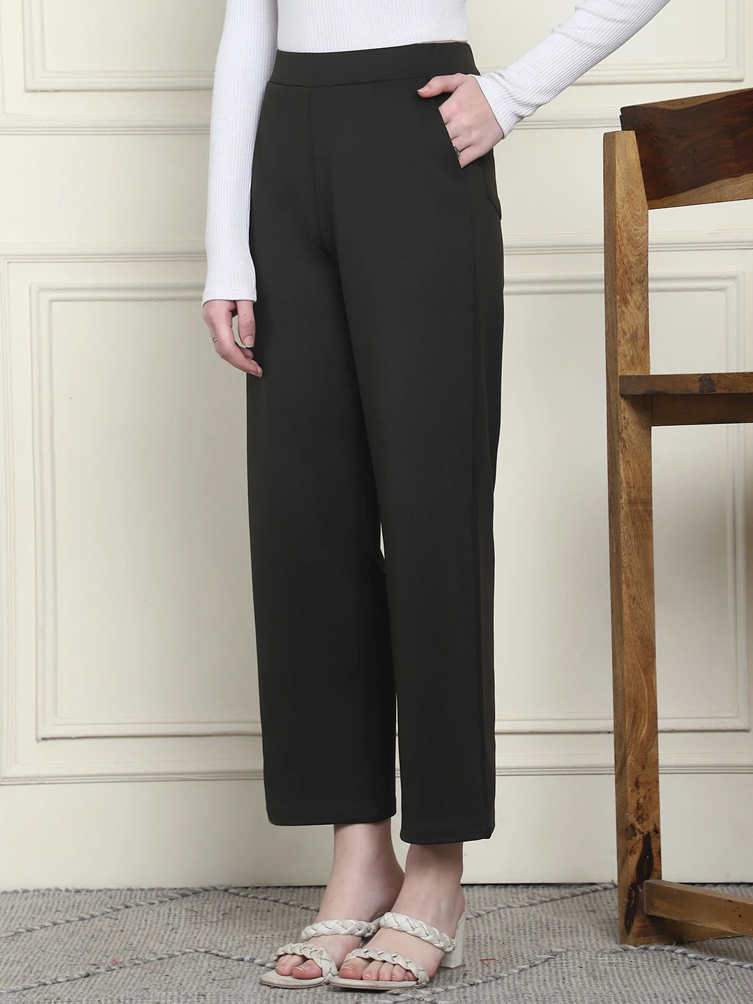 Frempy Women's High-Rise Relaxed Straight Leg Formal Trousers - Olive