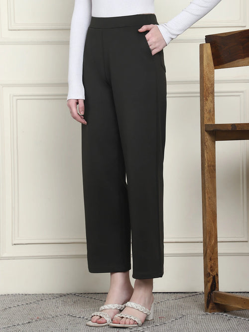 Frempy Women's High-Rise Relaxed Straight Leg Formal Trousers - Olive