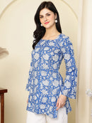 Cobalt Blue Floral Printed  A-Line Pure Cotton Short Kurti