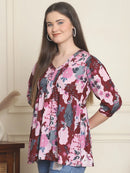 Frempy Women Maroon Printed Pure Cotton Top