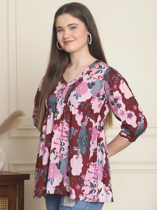 Frempy Women Maroon Printed Pure Cotton Top