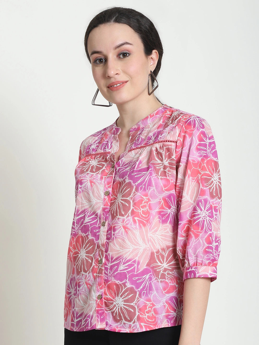 Frempy Women Pink Floral Printed Pure Cotton Top