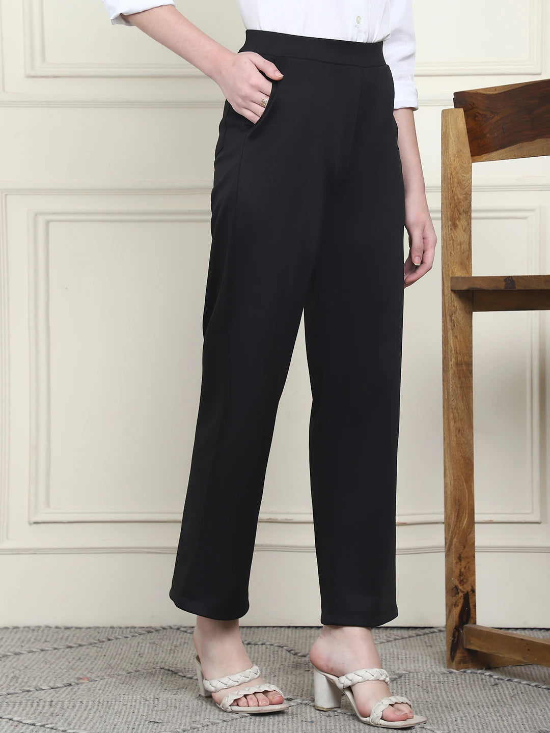 Frempy Women's High-Rise Relaxed Straight Leg Formal Trousers - Black