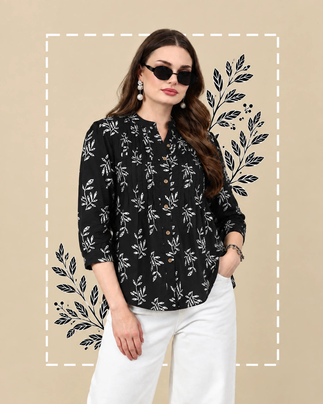 Black Leaf Print Buttoned Pure Cotton Top
