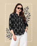 Black Leaf Print Buttoned Pure Cotton Top