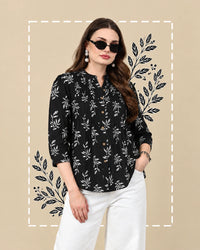 Black Leaf Print Buttoned Pure Cotton Top