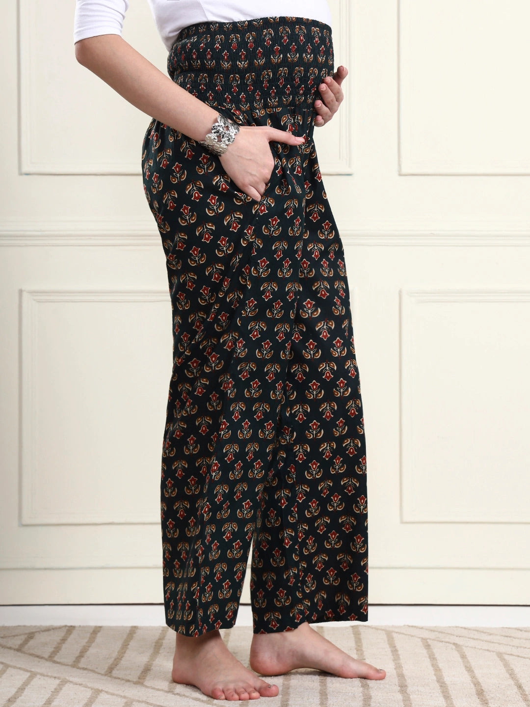 Frempy Bottle Green Floral Motif Pure Cotton Maternity Trousers