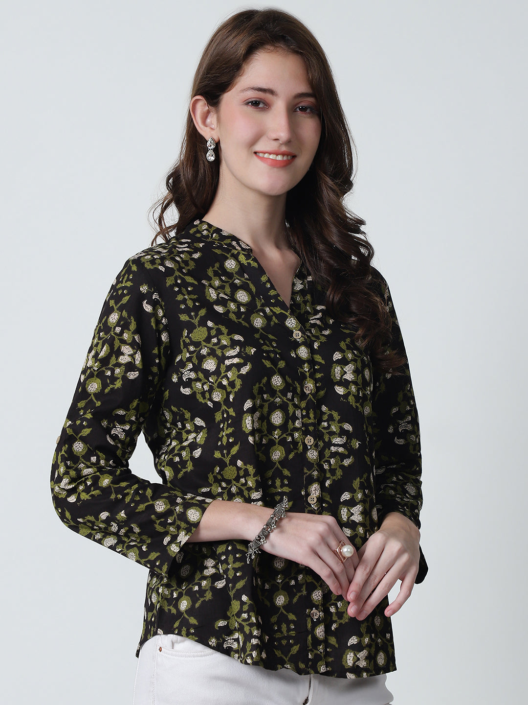 Brown Floral Printed Mandarin Collar Pure Cotton Top